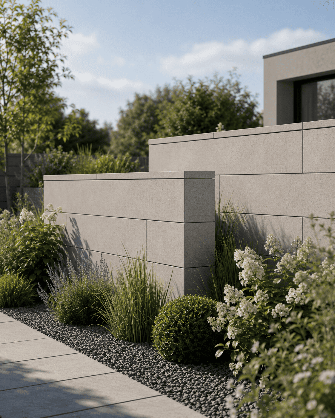 Moderne Gartenmauer aus Betonsteinen mit Pflanzen