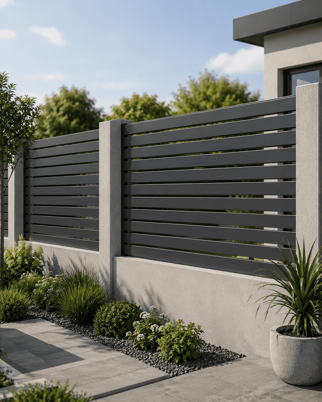 Moderner Sichtschutz mit Betonpfeilern und anthrazitfarbenen Metallfeldern