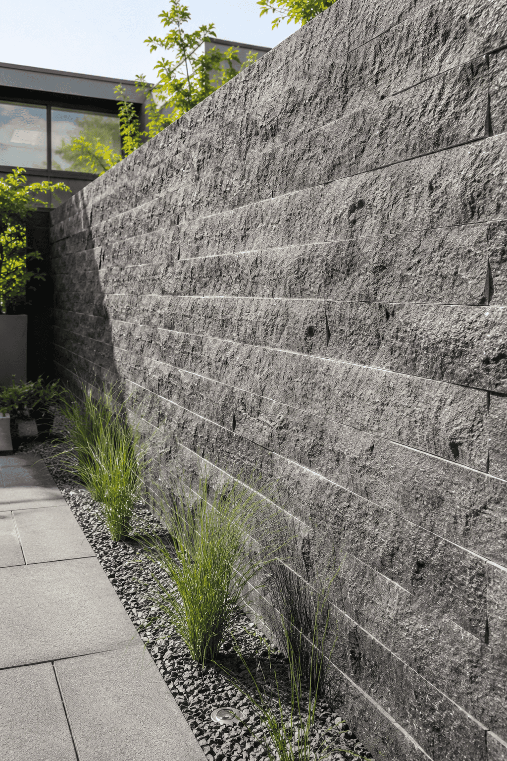 Split-Oberfläche mit Naturstein-Charakter als Detail einer Betonmauer